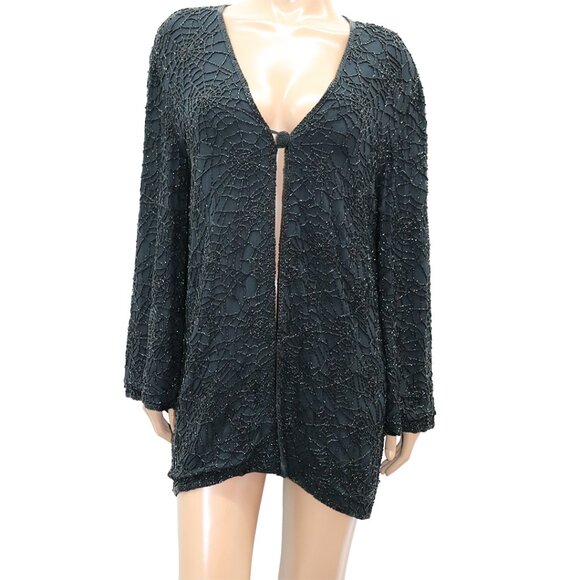 OLEG CASSINI Evening Black Tie Spider Web Design Cardigan Top M - Picture 1 of 5